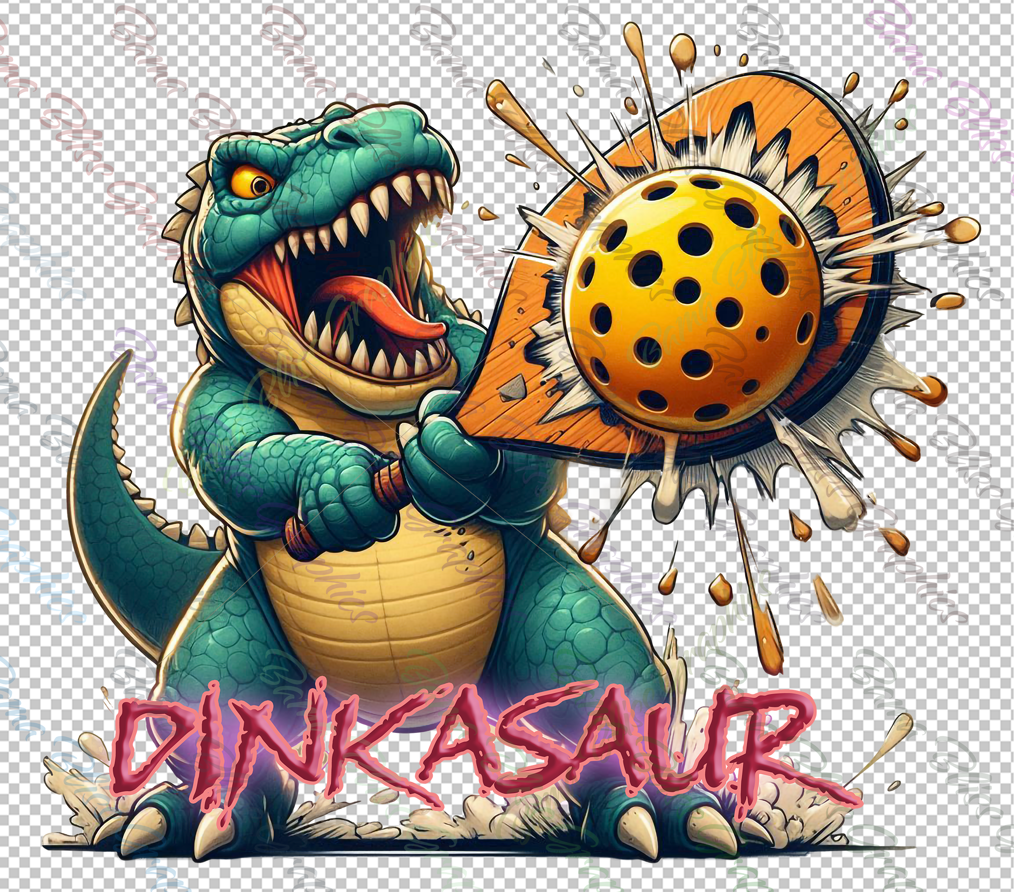 Angry Dinosaur smashing a pickleball